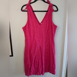 GAP Linen Cotton Dress Size 14 Bright Pink V Neck Side Zip Tie Shoulder Detail
